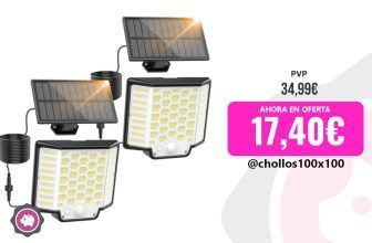 Pack de 2 focos LED solares de exteriores Collasis ‎186LED. Tienen panel de iluminación con 186 LED e inclinación ajustable, sensor crepuscular, sensor de movimiento por infrarrojos, 3 modos de funcionamiento, resistencia al polvo y agua IP65, batería de 2000 mAh y paneles solares con instalación independiente y cable de 5 metros