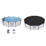 Bestway® Steel Pro MAX™ Set de Piscina con Bomba de Filtro, 305 x 76 cm, Redonda, Color Gris + 58036 – Cobertor Invierno para Piscina Desmontable Ø305 cm Redonda