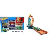 Hot Wheels Pack de 10 vehículos, Coches de Juguete + Track Builder Accesorios para Pistas de Coches Acelerador de Loop