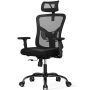 Silla de escritorio ergonómica NOBLEWELL NWOC1. Tiene respaldo de malla con apoyo lumbar regulable en altura y ajuste de inclinación de 90 a 135º, asiento con relleno de espuma de alta densidad y tapizado de tela de alta calidad, reposacabezas ajustable en altura e inclinación, reposabrazos 3D (ajustables en altura, ángulo y profundidad), base de metal con 5 ruedas silenciosas y mecanismo elevador mediante pistón de gas (hasta 136 kg)