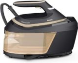 Philips PerfectCare Serie 6000 Centro de planchado a vapor – 2400 W, salida de vapor 600 g, presión 8 bares, tecnología OptimalTEMP, depósito de agua de 1,8 litros, negro (PSG6064/80)