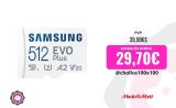 Tarjeta Micro SDXC – Samsung Evo Plus MB-MC512KA/EU, 512 GB, Clase 10, V30, UHS-I, Lectura 130 MB/s, Blanco
