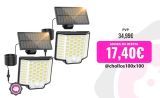 Pack de 2 focos LED solares de exteriores Collasis ‎186LED. Tienen panel de iluminación con 186 LED e inclinación ajustable, sensor crepuscular, sensor de movimiento por infrarrojos, 3 modos de funcionamiento, resistencia al polvo y agua IP65, batería de 2000 mAh y paneles solares con instalación independiente y cable de 5 metros