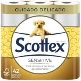Scottex Papel Higiénico Sensitive 42 rollos con 3 capas cuidado delicado gracias al toque de leche de almendras (7 packs de 6 rollos)
