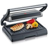 SEVERIN Parrilla grill de contacto para carne y sándwiches, sandwichera grill antiadherente para asar sin grasa, plancha grill de 800 W, gris metálico/negro, KG 2394